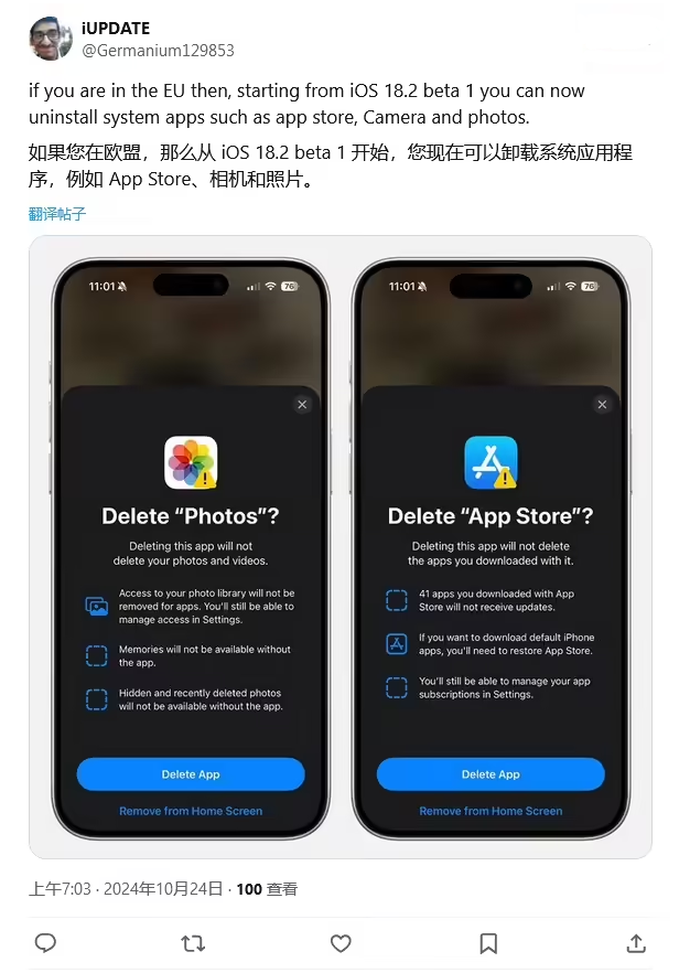 阿坝苹果手机维修分享iOS 18.2 支持删除 App Store 应用商店 