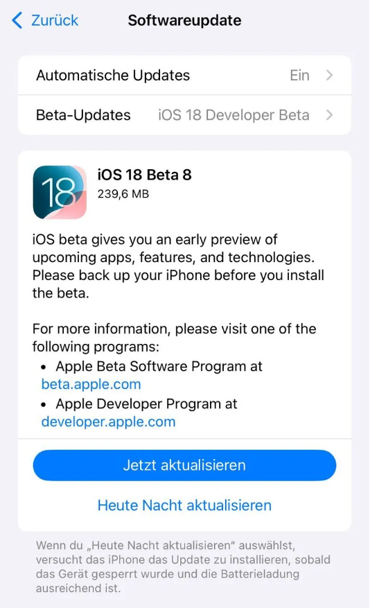 阿坝苹果手机维修分享苹果 iOS / iPadOS 18 开发者预览版 Beta 8 发布 